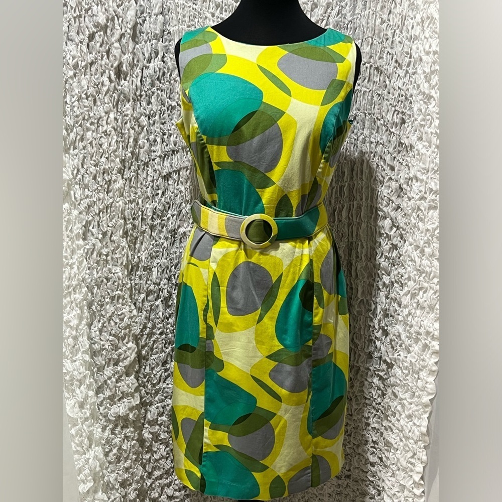 Y2K Vibrant SLEEVELESS Geometric Print SHEATH Dress, BY JULIAN TAYLOR SIZE 12